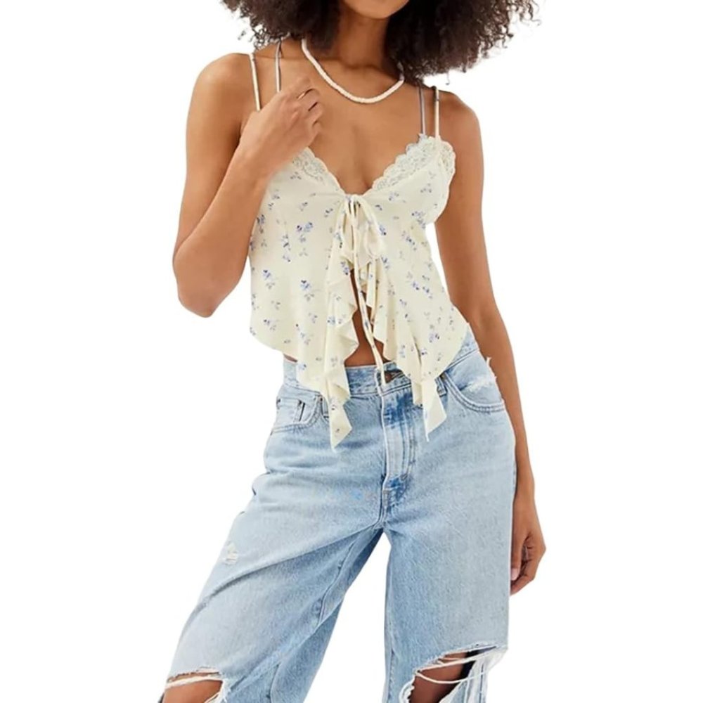 Women's Summer Tie Up Camisole Tops Lace Sleeveless V Neck Irregular Crop Top